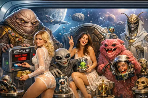 Дві усміхнені дівчини серед неземних істот і космічних трофеїв