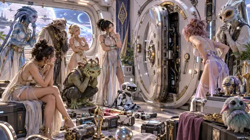 Сервісний люк за протоколом (ха-ха): пауза у головній ролі Сервісний люк космічного корабля, оточений дівчатами, прибульцями