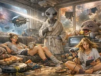 Дві дівчини в хаотичній космічній квартирі серед неземних істот