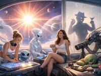 Широкоформатна 3D-сцена у світлих тонах: дві дівчини та неземні істоти