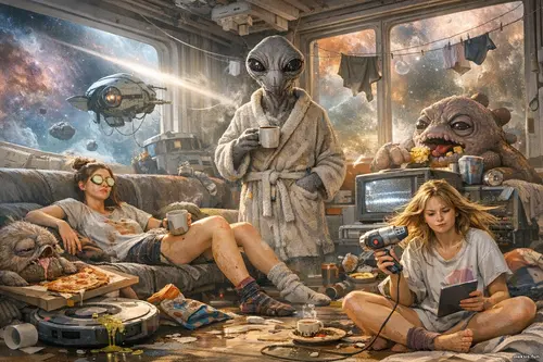 Дві дівчини в хаотичній космічній квартирі серед неземних істот