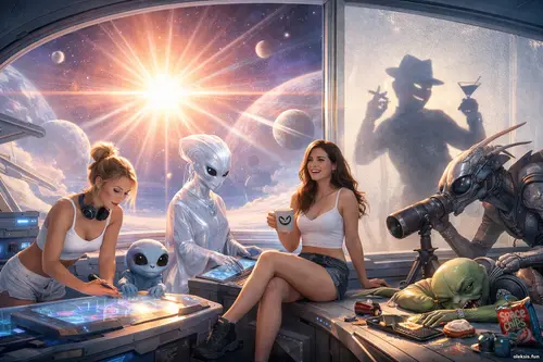 Широкоформатна 3D-сцена у світлих тонах: дві дівчини та неземні істоти