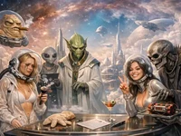 Дві дівчини та неземні істоти на тлі космічної метрополії в туманності