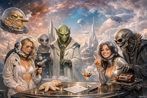 Дві дівчини та неземні істоти на тлі космічної метрополії в туманності