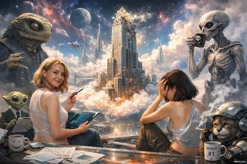 Дві дівчини та неземні істоти на оглядовому майданчику