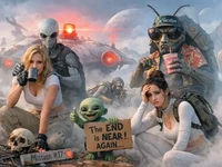 Дві дівчини серед туману на чужій планеті поруч із неземними істотами