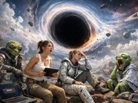 Дві дівчини та двоє неземних істот сидять на кам’янистому ландшафті