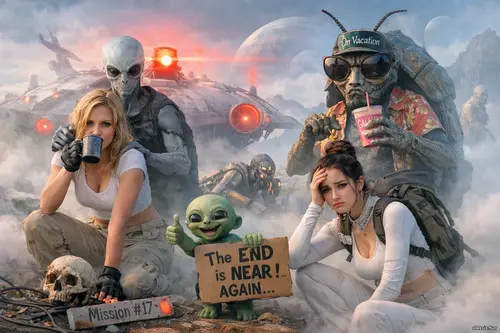 Дві дівчини серед туману на чужій планеті поруч із неземними істотами