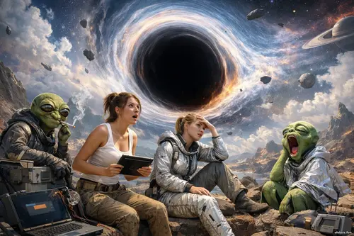 Показник під на межі пристойності Дві дівчини та двоє неземних істот сидять на кам’янистому ландшафті