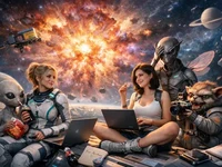 Дві дівчини та неземні істоти позують серед космічних уламків