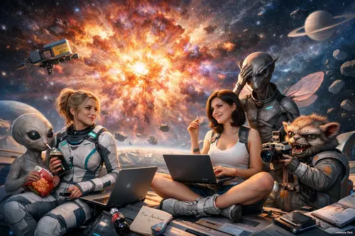 Дві дівчини та неземні істоти позують серед космічних уламків