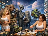 Картотека в космічному архіві: дві дівчини та черга неземних істот