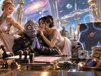 Космічний бюрократ в зоні «справа» за секунду до вибачень Космічний бюрократ у футуристичному архіві серед інопланетних істот
