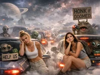 Дві дівчини в космічному заторі серед туману, зорельотів