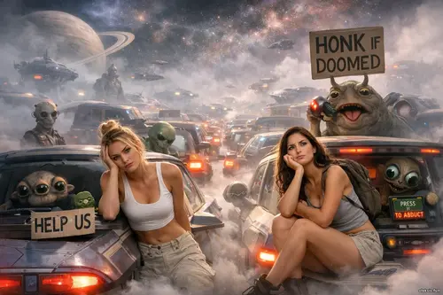 Кадр 01: туман, зірковий затор Дві дівчини в космічному заторі серед туману, зорельотів