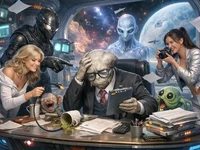 Дві дівчини серед неземних істот у космічному офісі