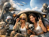 Дві дівчини позують біля пошкодженого космічного корабля