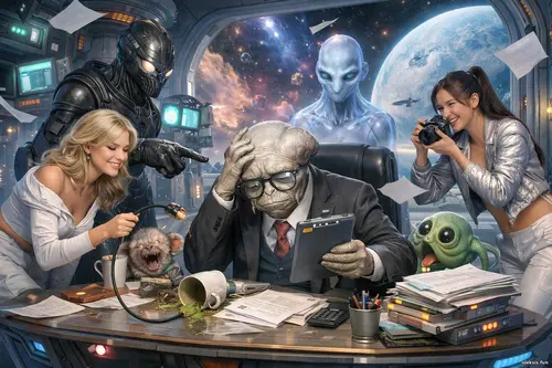Дві дівчини серед неземних істот у космічному офісі
