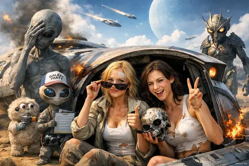 Дві дівчини позують біля пошкодженого космічного корабля