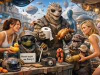 Яскрава сцена астероїдного базару: дві дівчини торгуються з неземними