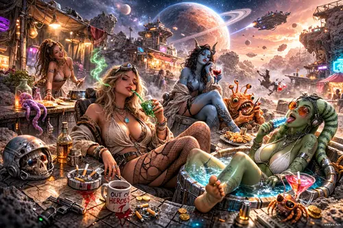 Яскрава сцена з астероїдного базару з дівчатами та неземними істотами