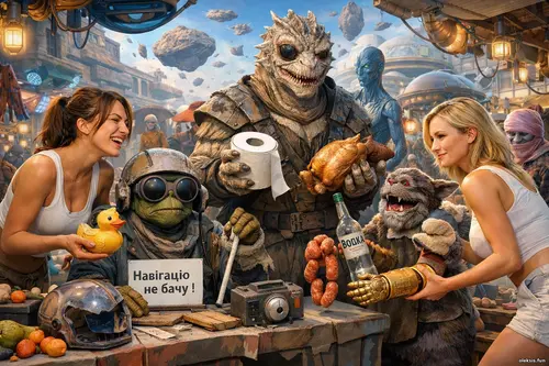 Яскрава сцена астероїдного базару: дві дівчини торгуються з неземними