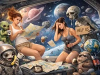 Дві дівчини у футуристичному космічному інтер’єрі розглядають карти