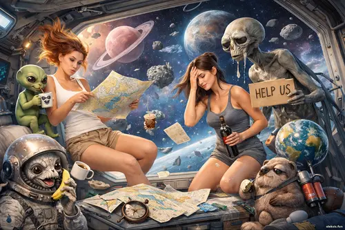 Дві дівчини у футуристичному космічному інтер’єрі розглядають карти