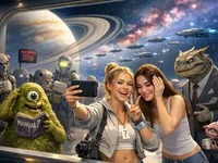 Дві дівчини фотографуються на тлі космічної станції, де в черзі стоять