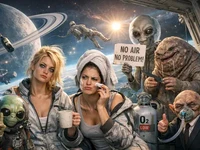 Дві жінки на космічній станції серед неземних істот позують на тлі