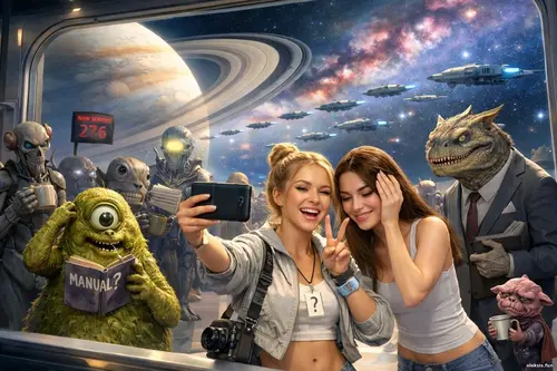 Орбіта — галактична черга до чергового звіту Дві дівчини фотографуються на тлі космічної станції, де в черзі стоять