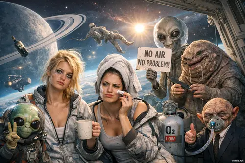 Дві жінки на космічній станції серед неземних істот позують на тлі