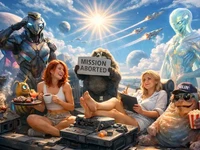 Яскрава космічна сцена в світлих тонах: дві дівчини...