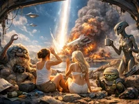 Дві дівчини та неземні істоти спостерігають за яскравим променем