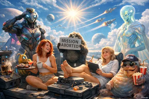 Яскрава космічна сцена в світлих тонах: дві дівчини...