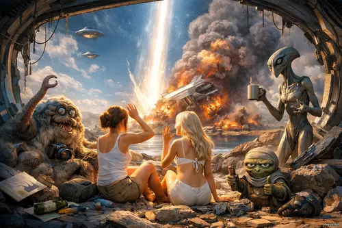 Дві дівчини та неземні істоти спостерігають за яскравим променем