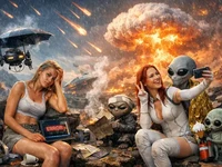 Дві дівчини та неземні істоти позують серед метеоритного дощу