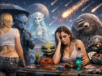 Дівчата й неземні істоти під метеоритним дощем у космічному архіві