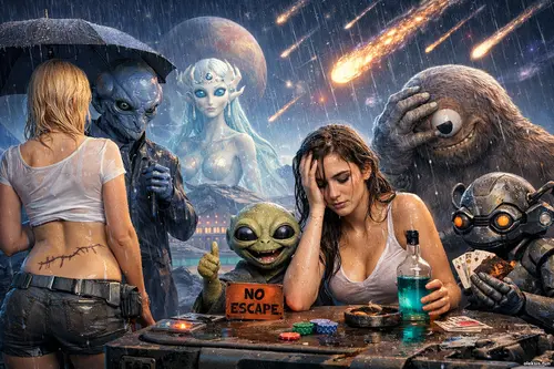 Дівчата й неземні істоти під метеоритним дощем у космічному архіві