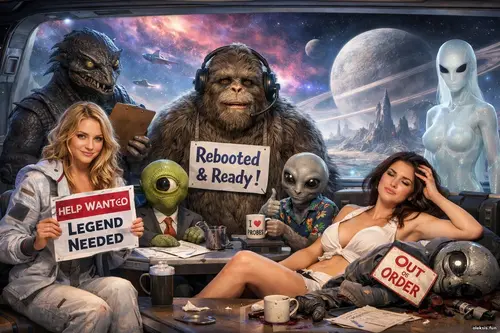 Дві жінки та неземні істоти у футуристичній космічній зоні