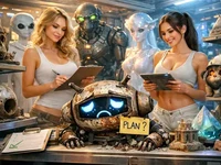 Кадр 01: дві дівчини в світлому 3D-космічному архіві оглядають артефак