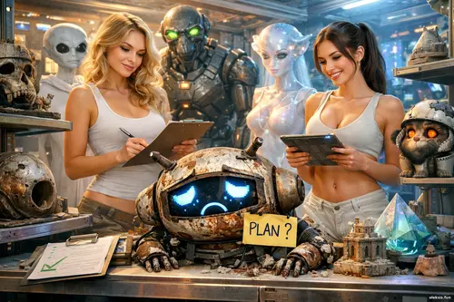 Кадр 01: дві дівчини в світлому 3D-космічному архіві оглядають артефак