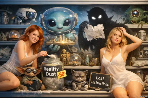 Космічний архів з двома дівчатами, неземними істотами, тінню з очима т