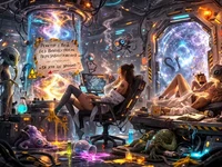 Реалістична 3D сцена космічної лабораторії: дві дівчини