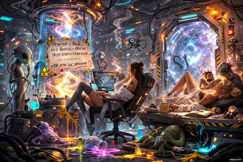 Реактор і вхід без виходу після перезавантаження Реалістична 3D сцена космічної лабораторії: дві дівчини