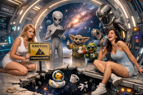 Дві дівчини в футуристичному гіперкоридорі поруч із неземними істотами