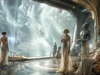 Коридор і вікно в нікуди зі знижкою на реальність Коридор космічної станції з панорамним вікном у порожнечу, дівчатами