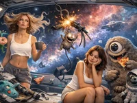 Дві дівчини на космічній станції з панорамним вікном