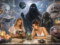 Дві дівчини в світлому космічному архіві сидять серед дивних інопланет