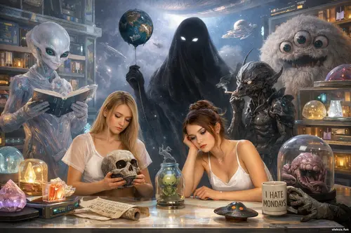 Дві дівчини в світлому космічному архіві сидять серед дивних інопланет